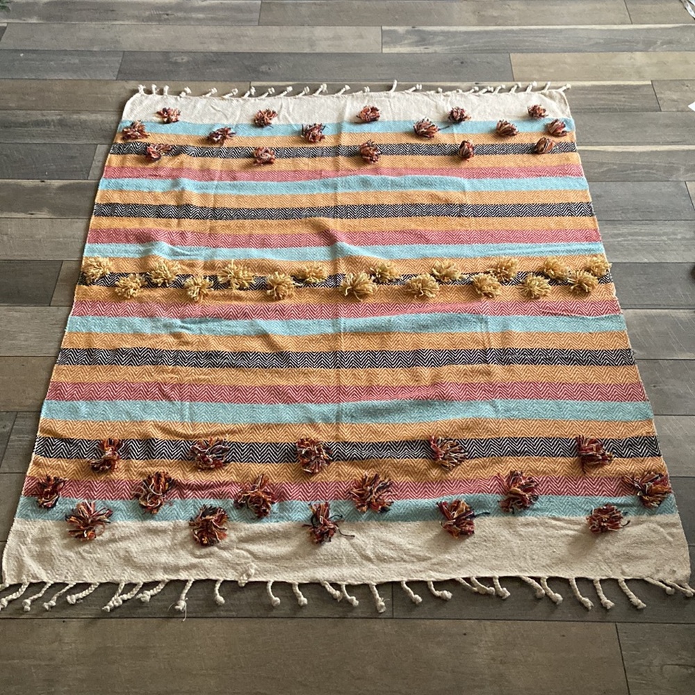 Jacinta Woven Pom Throw/blanket - Creme/Blue/Orange - Picture 4 of 10